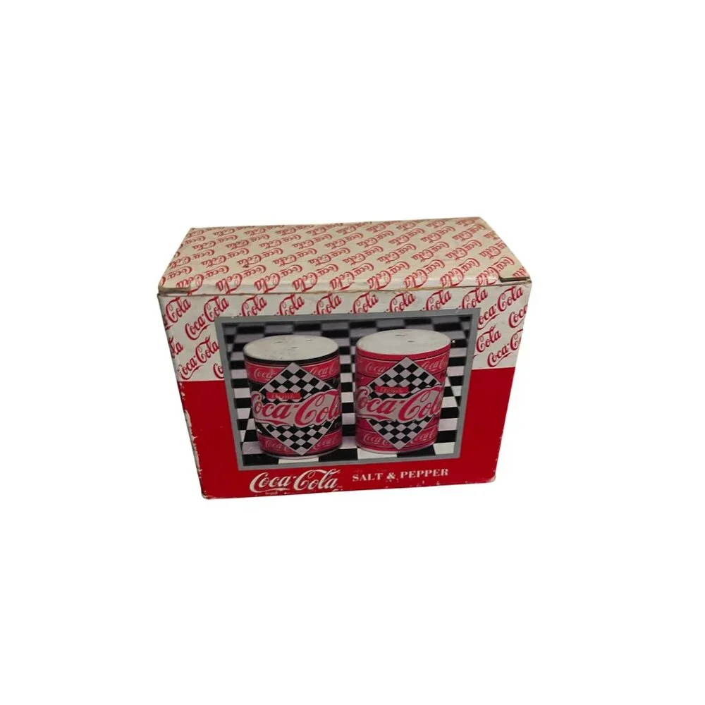 Coca-Cola Salt & Pepper Shaker Set Classic Racing Design Checkerboard Pattern - Picture 2 of 11